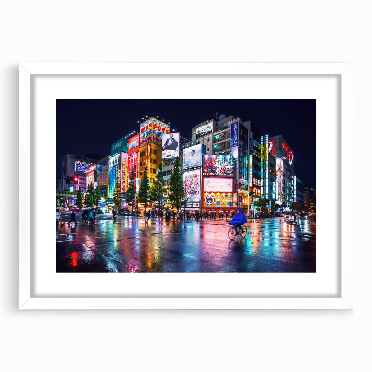 Abstract art print of Tokyo cityscape in muted gray and blue tones, framed with a white mat, ideal for dining room decor.