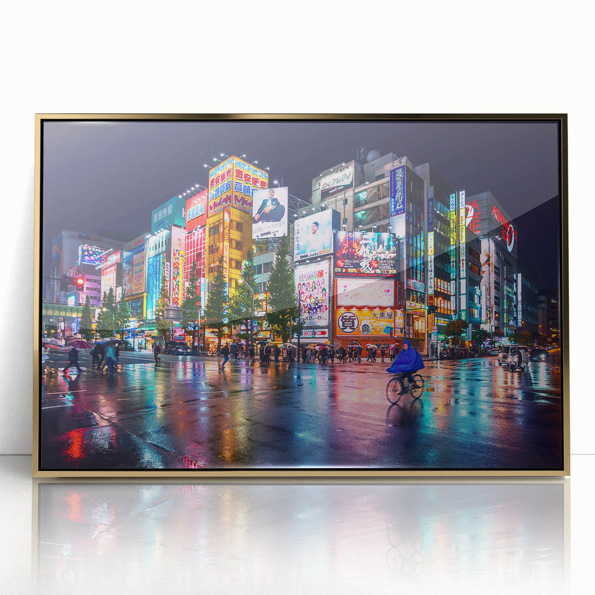 Large art print of Tokyo skyline in muted gold and black tones on a framed acrylic, suitable for modern art wall decor.