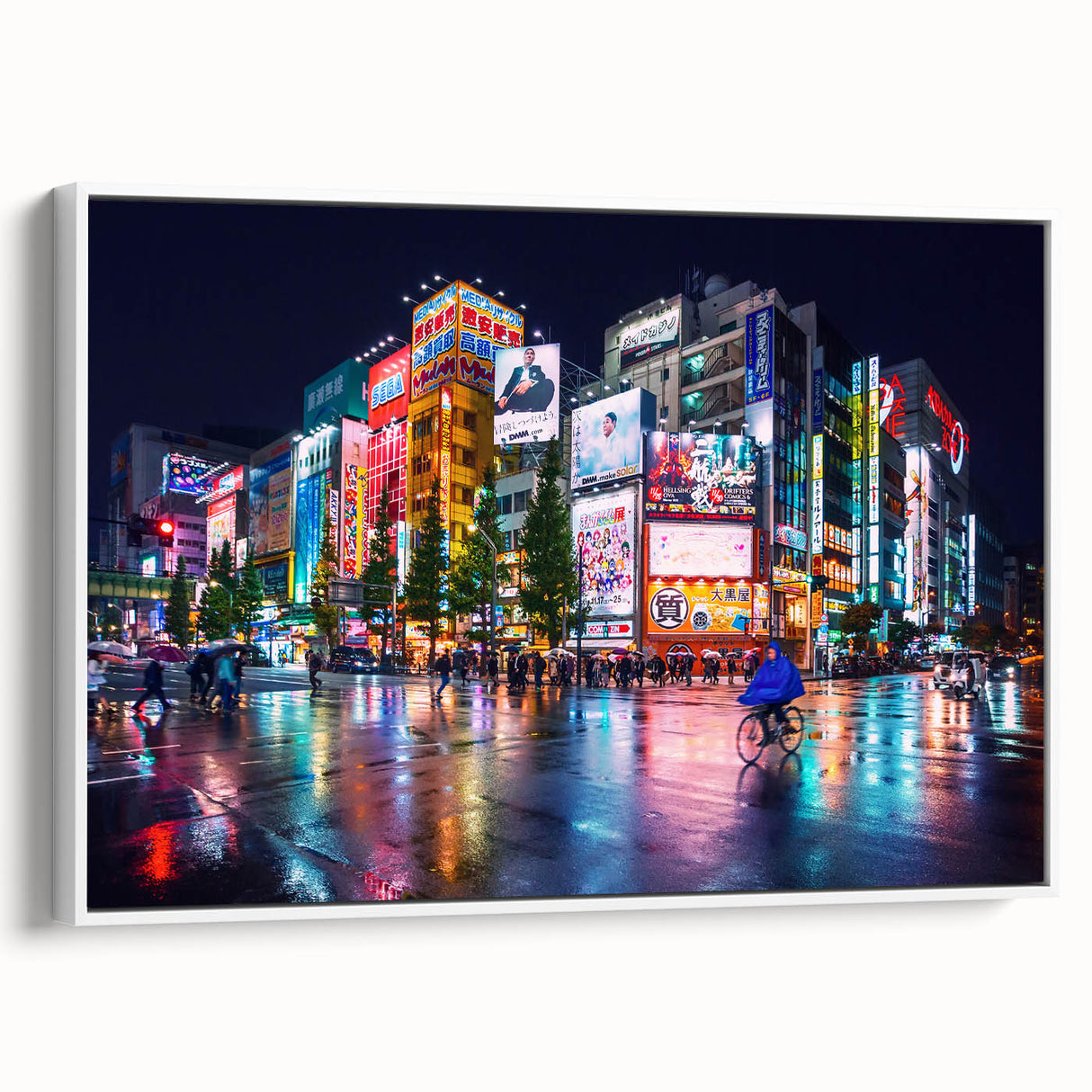 Vintage poster art of Tokyo skyline on framed canvas, featuring colorful art with black accents.