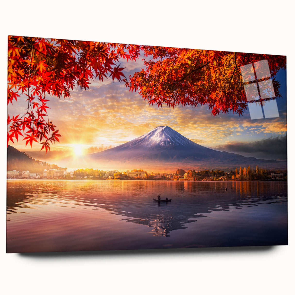 Large abstract wall art depicting a serene Japanese scenery in muted earth tones on acrylic glass.