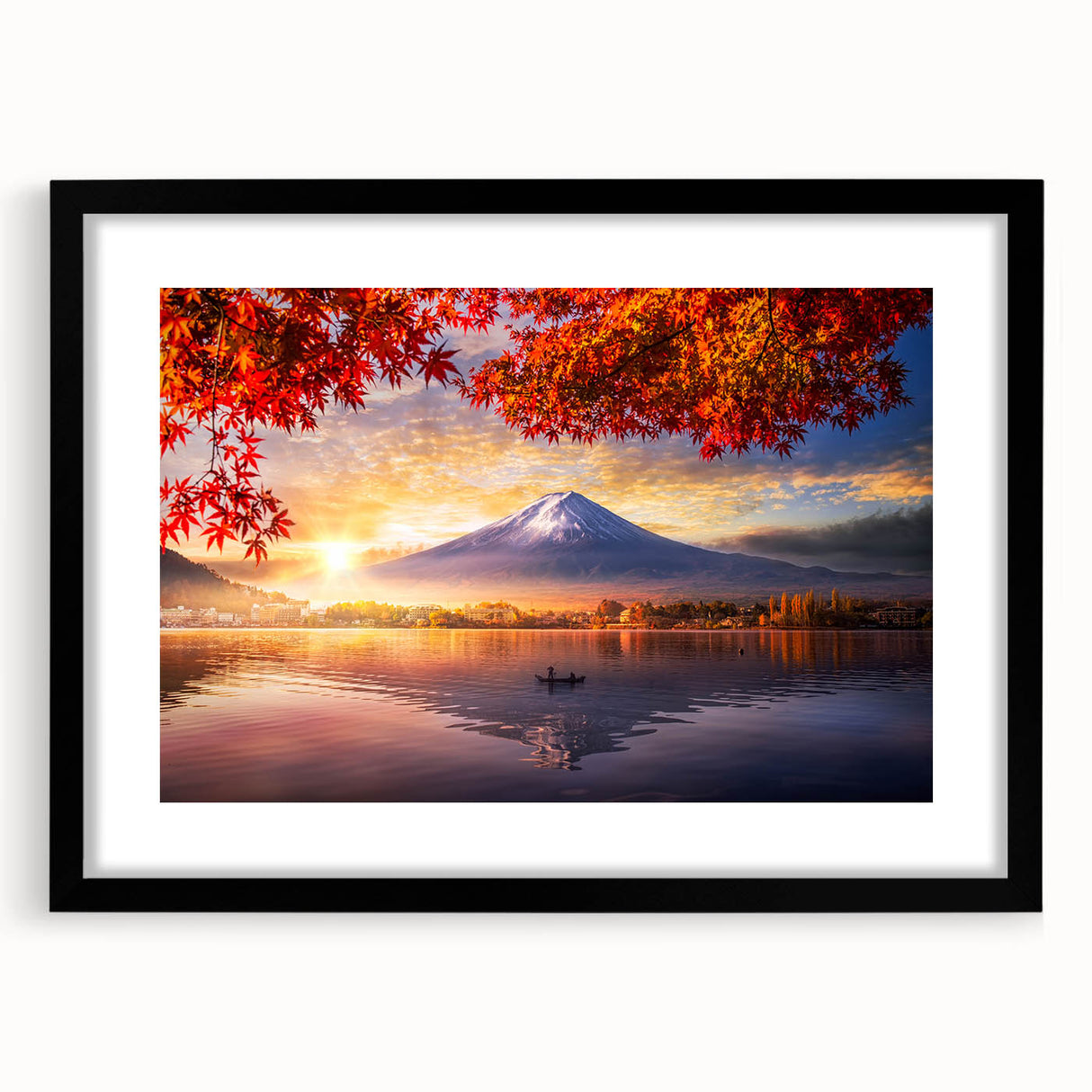 Extra large abstract art print featuring a colorful, textured depiction of a Japanese scenery on a framed black mat.