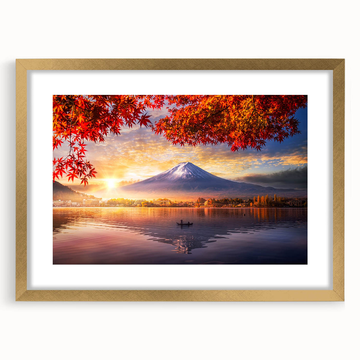 Extra large wall art featuring a textured abstract print of a serene Japanese landscape in muted earth tones, framed in gold.