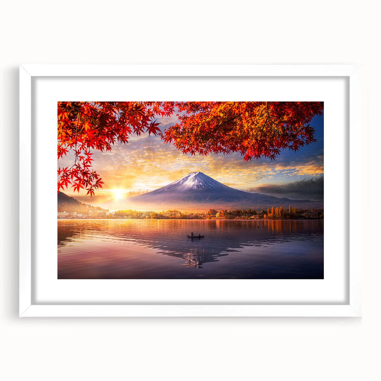Abstract art print depicting a serene Japanese landscape in muted earth tones on a framed white mat.