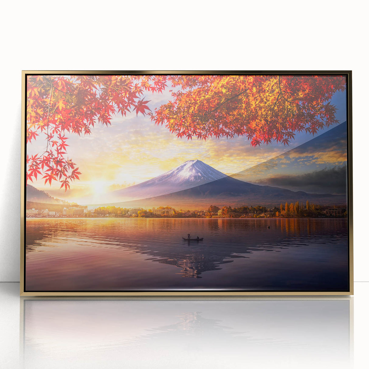 Large art print of a serene Japanese landscape in muted gold and green tones, acrylic framed.