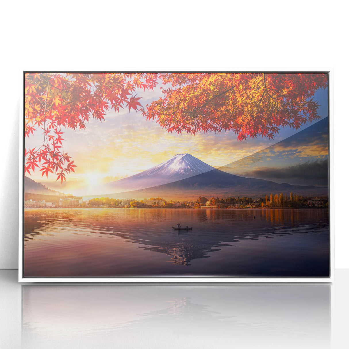 Acrylic print of a serene Japanese landscape in soft pastel colors, framed in white, suitable for modern nursery decor.