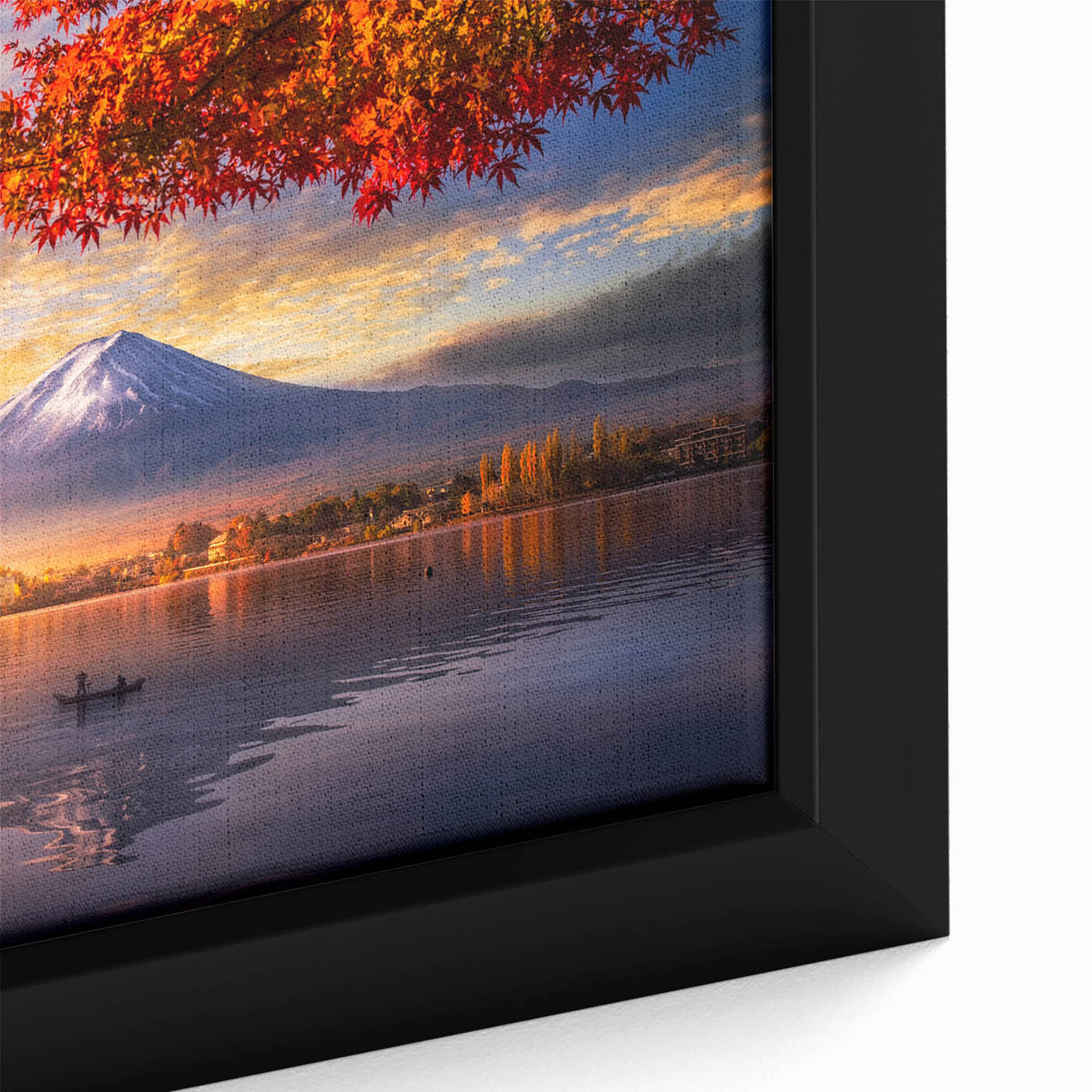 Extra large framed canvas featuring a textured black wall art of a Japanese scenery in vibrant, colorful art tones.
