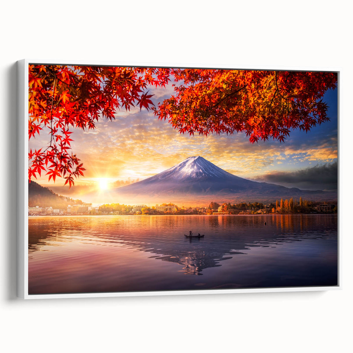 Vintage poster art of a scenic Japanese landscape on framed canvas, featuring vibrant colors, ideal for living room decor.