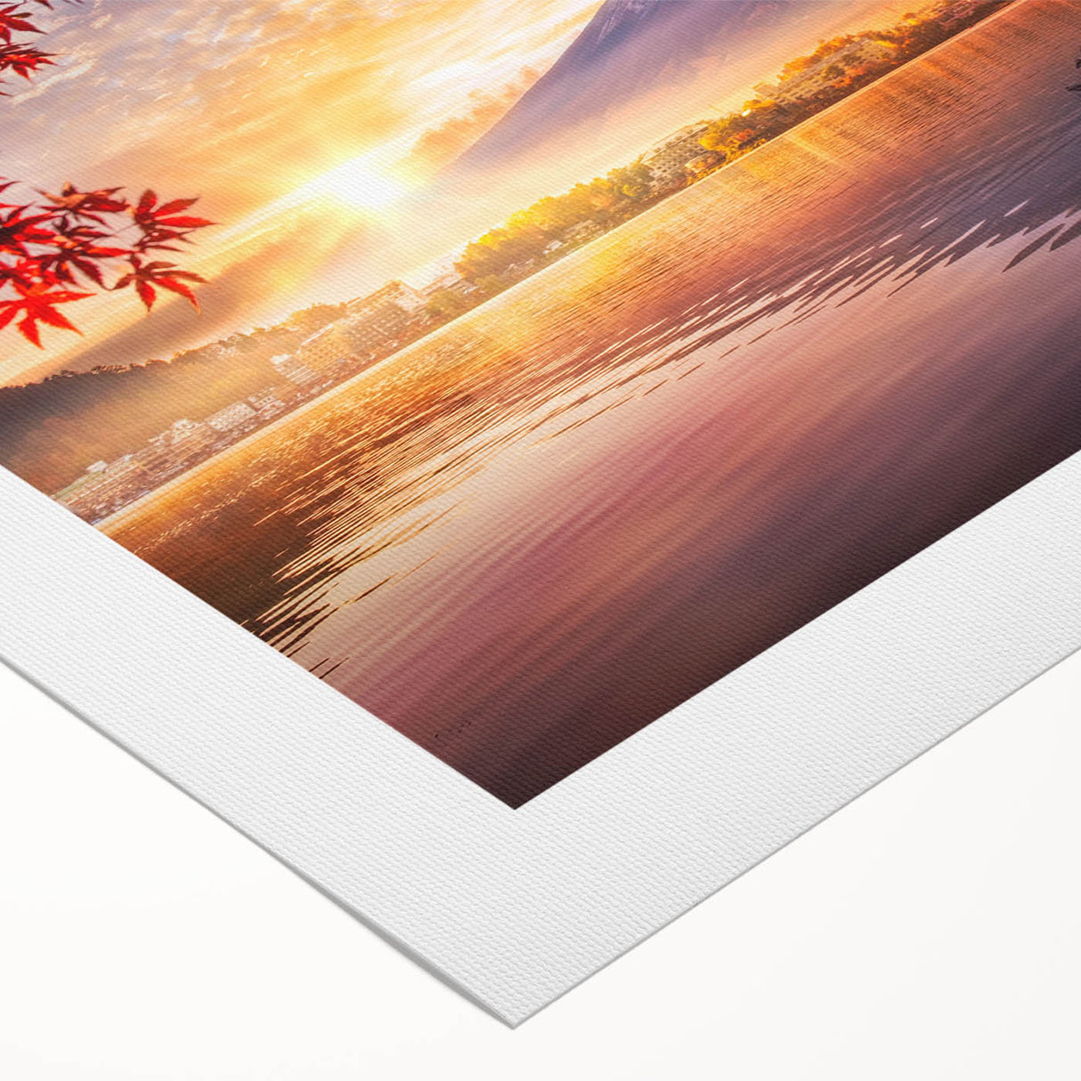 Art deco poster featuring a serene Japanese landscape with soft pink and beige tones on rolled canvas.