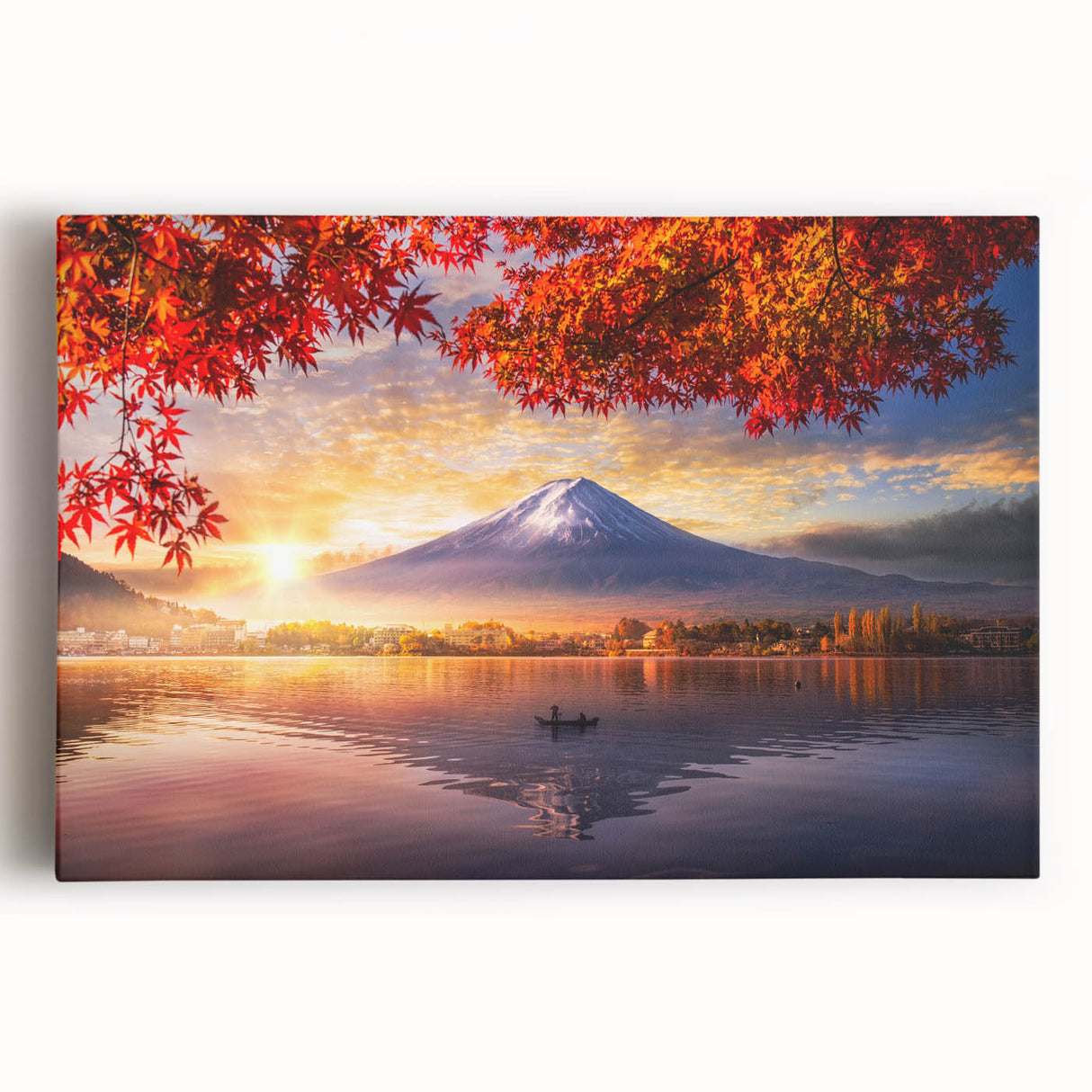 Large black and white ink-style painting of a serene Japanese landscape on stretched canvas, ideal for kitchen wall art.