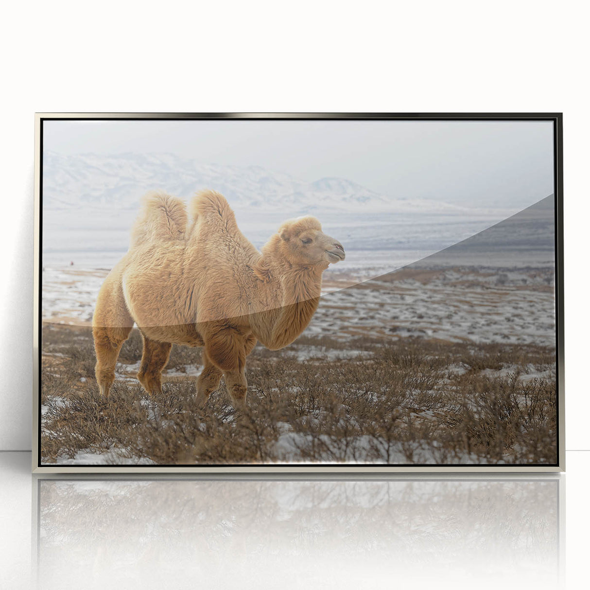 Mid-century modernist art depicting a Mongolian landscape in muted earth tones, framed in acrylic.