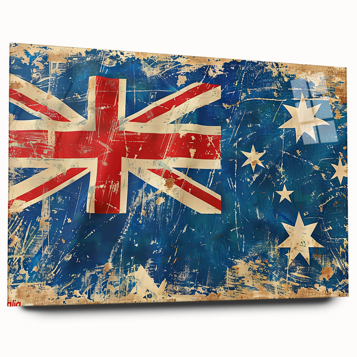 Large abstract depiction of Ayers Rock in muted orange and brown tones on acrylic glass.