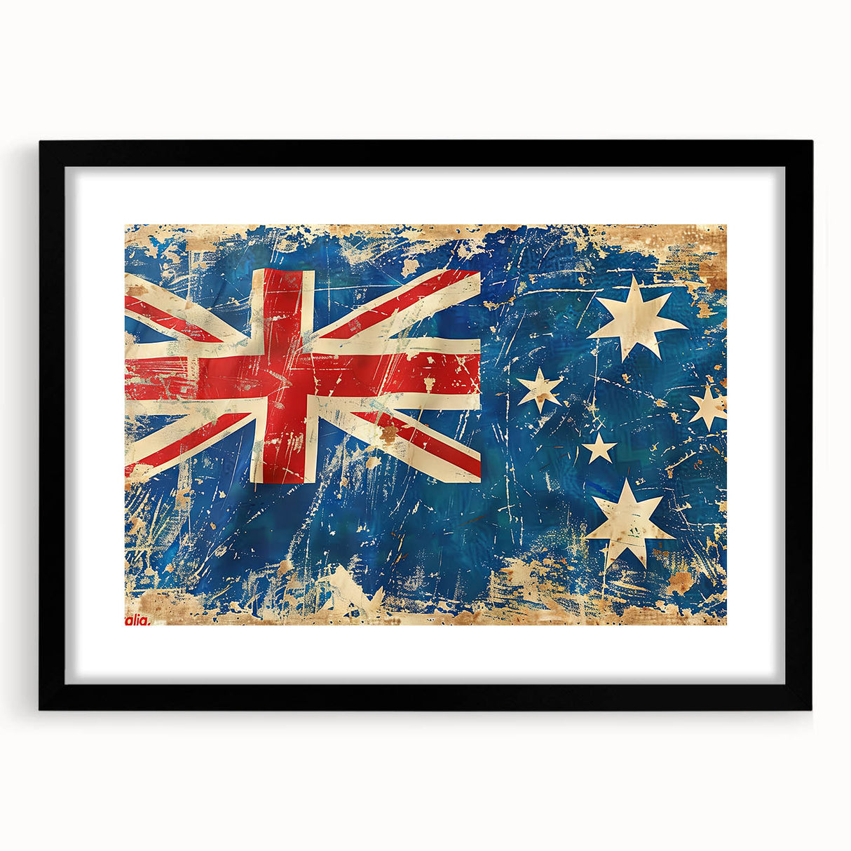 Extra large abstract art print of Ayers Rock in vibrant, textured colors on a framed black mat, ideal for living room decor.