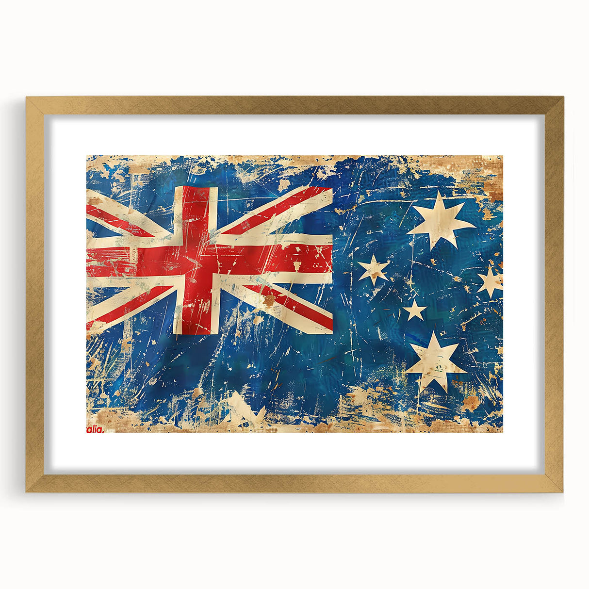 Textured art print of Ayers Rock in abstract style with earthy red and orange tones, framed in gold.