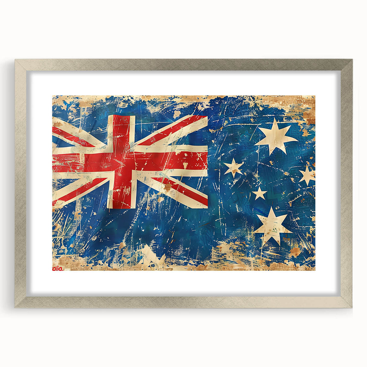 Abstract art print of Ayers Rock in muted orange and brown tones, framed in silver, ideal for dining room decor.