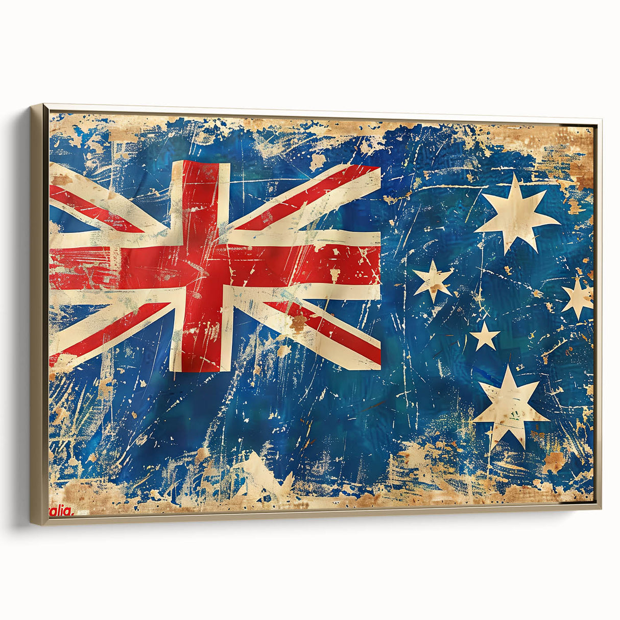 Framed canvas depicting Ayers Rock in Australia, with vibrant orange and blue sky, ideal for living room decor.