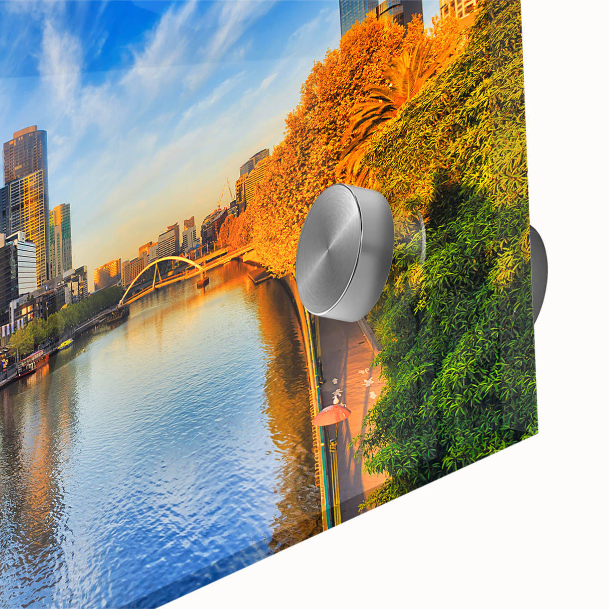 Large abstract wall art of Melbourne skyline in muted gray and blue tones on acrylic glass, suitable for dining room art.