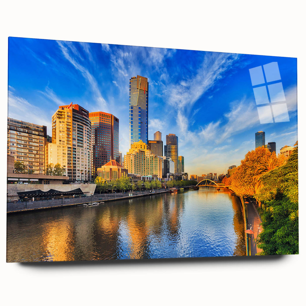 Large abstract wall art of Melbourne scenery in muted blue and gray tones on acrylic glass.