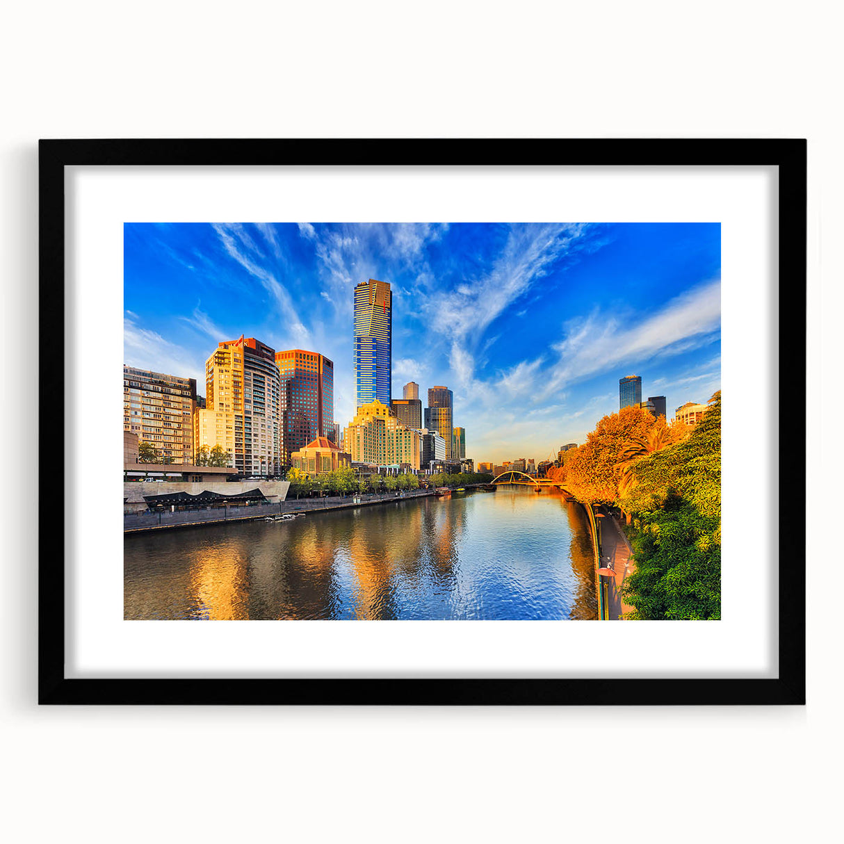 Extra large abstract art print of Melbourne skyline with vibrant color palette on textured canvas.