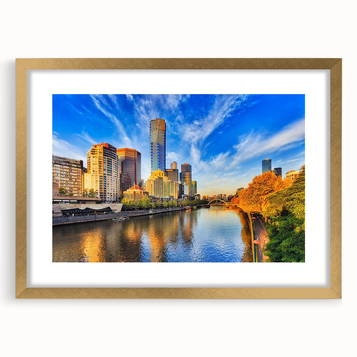 Textured abstract art print of Melbourne scenery in gold frame, ideal for bedroom decor.