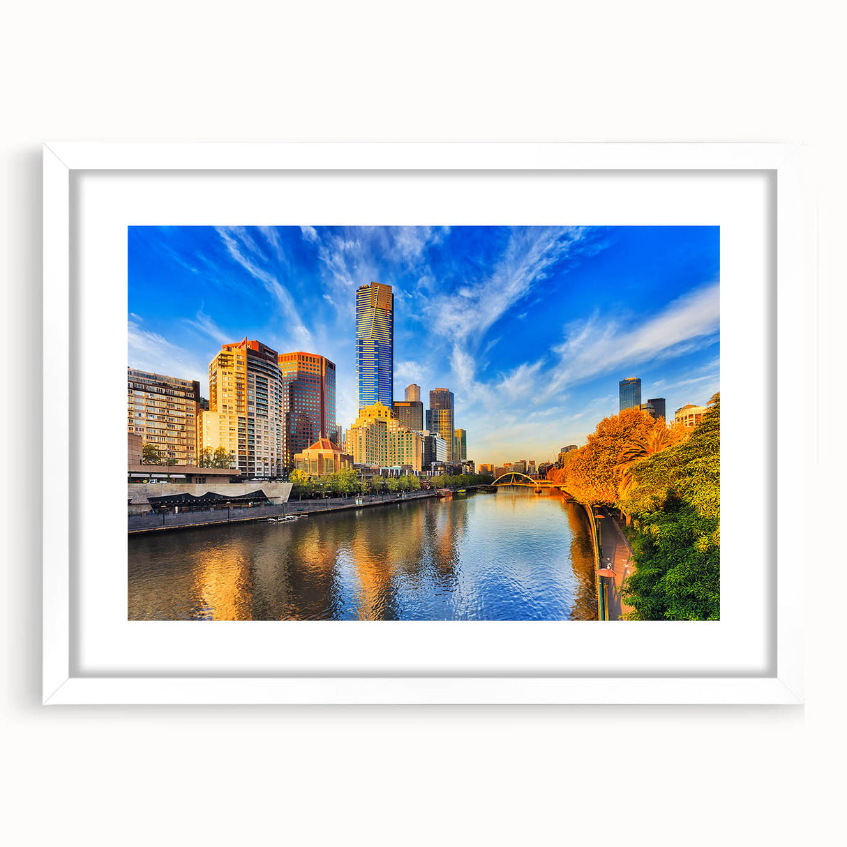 Extra large abstract art print of Melbourne scenery in muted earth tones on a framed canvas, ideal for living room decor.