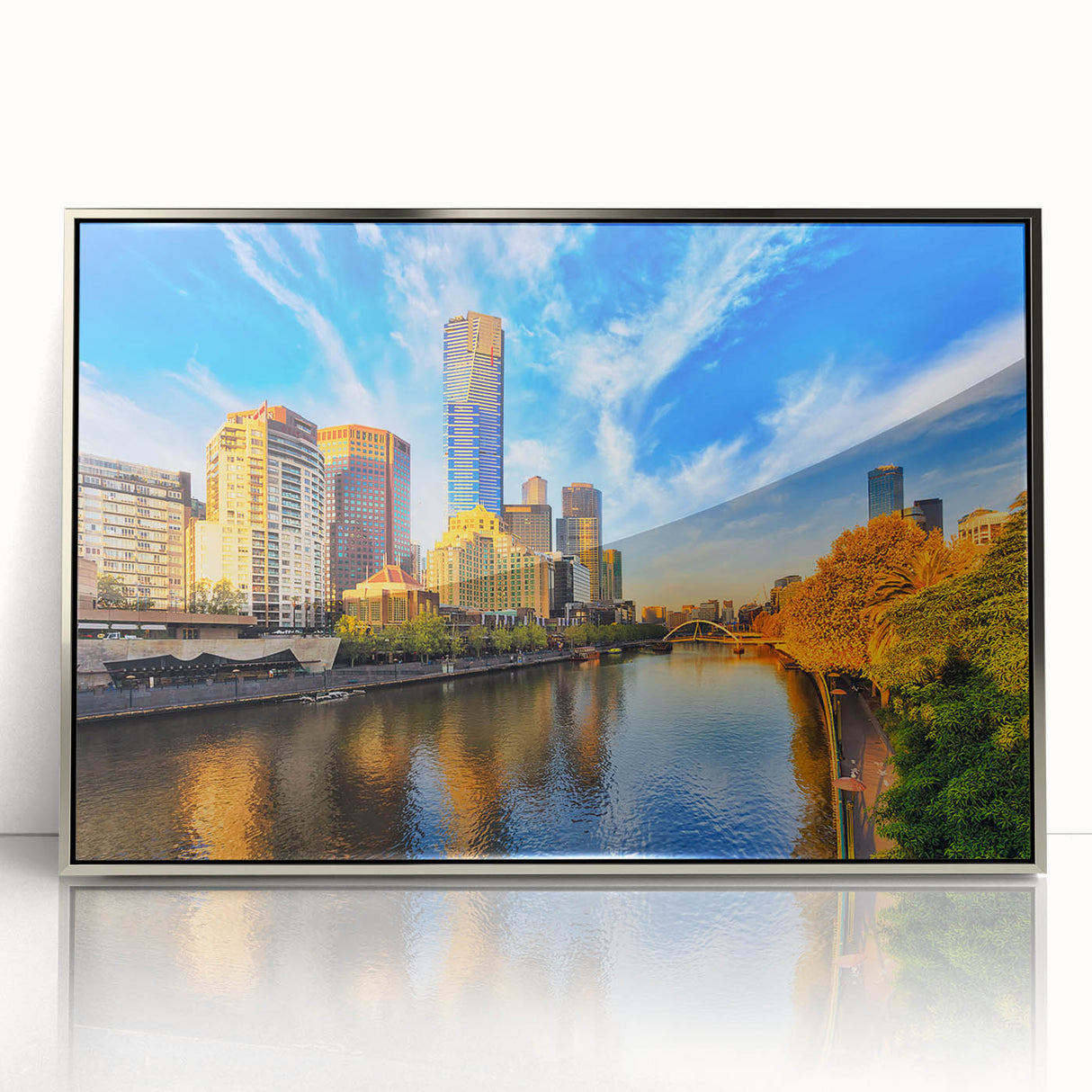 Art deco poster of Melbourne skyline in silver acrylic frame, suited for modern art wall decor or nursery.