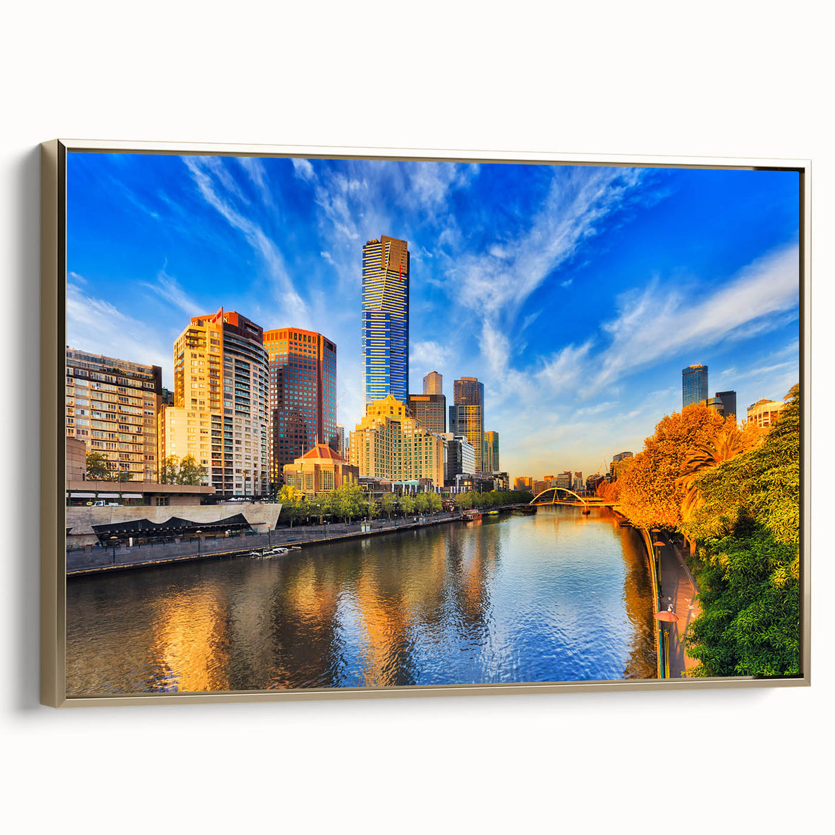 Landscape art painting of Melbourne featuring a vintage poster style on a framed canvas, with a palette of gold and black.