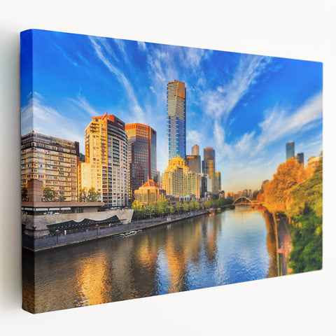 Melbourne skyline in muted gray and blue tones on a large stretched canvas, suitable for kitchen wall art.