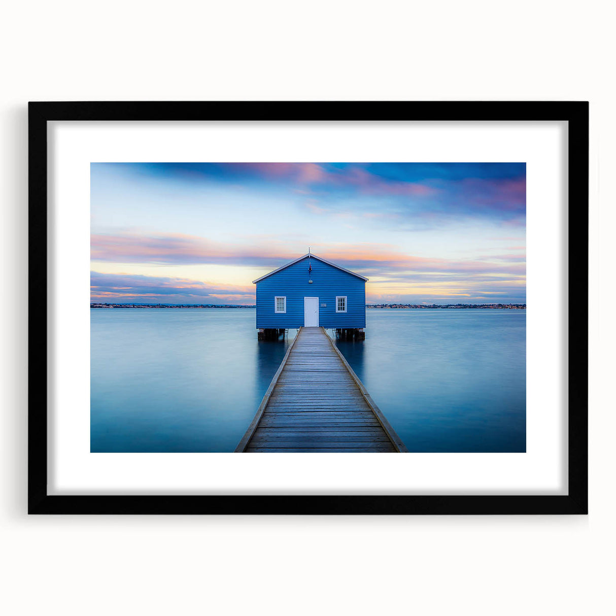 Abstract art print of colorful, textured scenery depicting Perth, Australia on a large framed canvas.