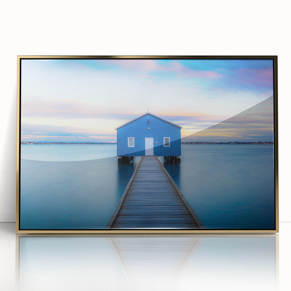 Mid-century modernist art depicting the Perth skyline in muted gold and blue tones on framed acrylic.