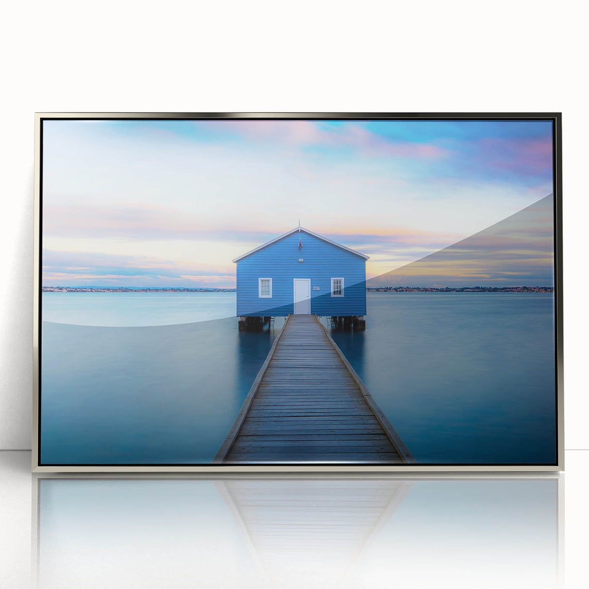 Art deco poster of Perth skyline in silver frame, acrylic print, ideal for modern nursery wall art.