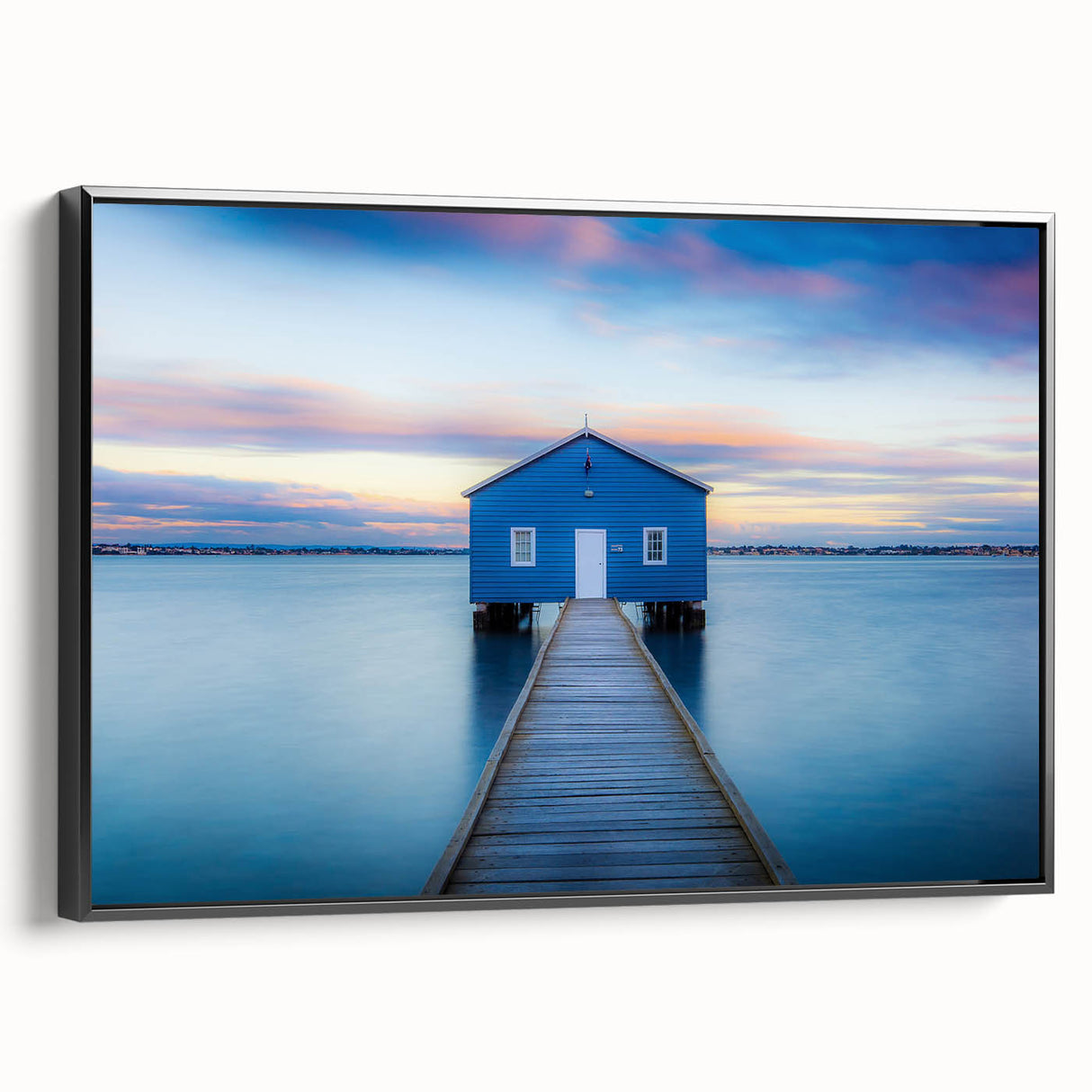 Black and white framed canvas of Perth landscape in vintage poster style, suitable for bedroom wall art.