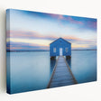 Panoramic view of Perth skyline in muted blue and gray tones on stretched canvas, suitable for kitchen wall art.