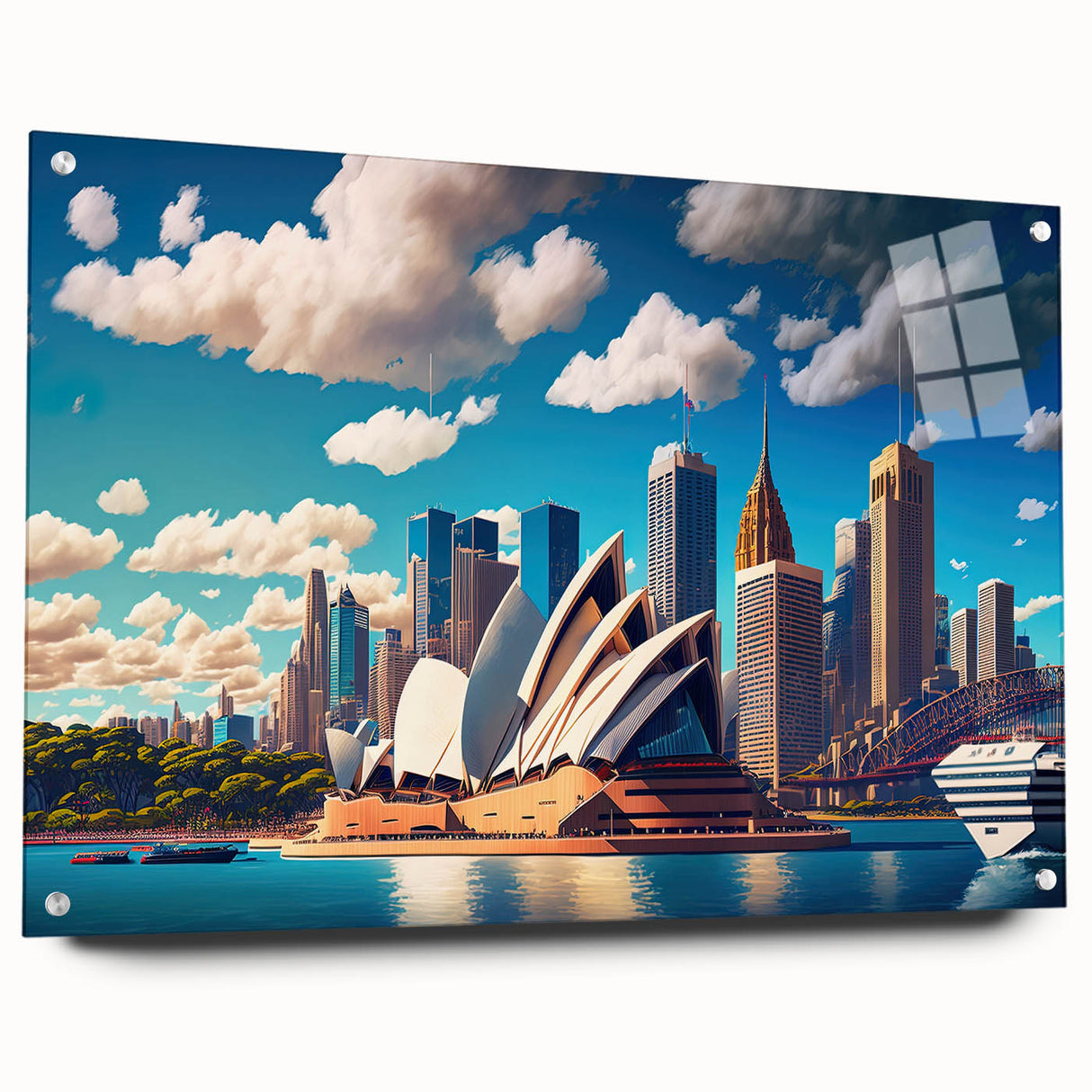 Sydney skyline in muted blue and gray tones on acrylic glass, suitable for bedroom or dining room wall art.
