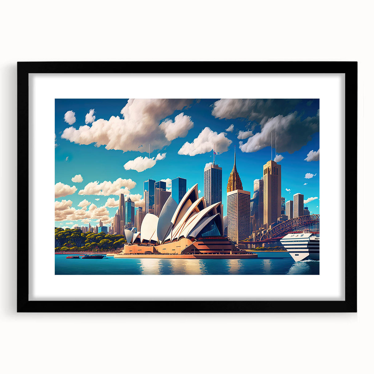 Abstract art print of Sydney scenery in vibrant colors on a textured, extra large canvas, ideal for living room decor.
