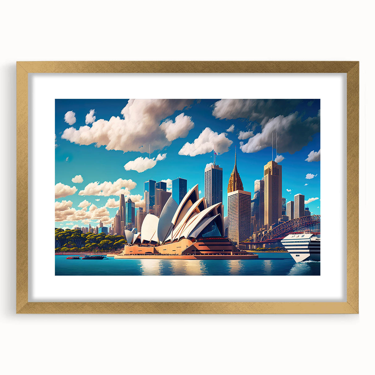 Textured abstract art print of Sydney skyline in muted gold and blue tones on a framed canvas, suitable for bedroom decor.