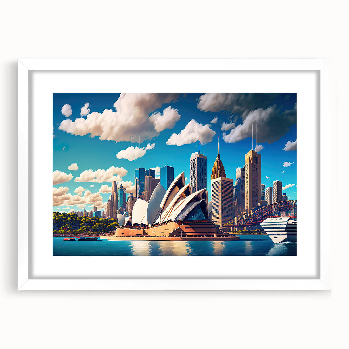 Extra large wall art featuring abstract Sydney skyline in textured blues and grays, framed in white.