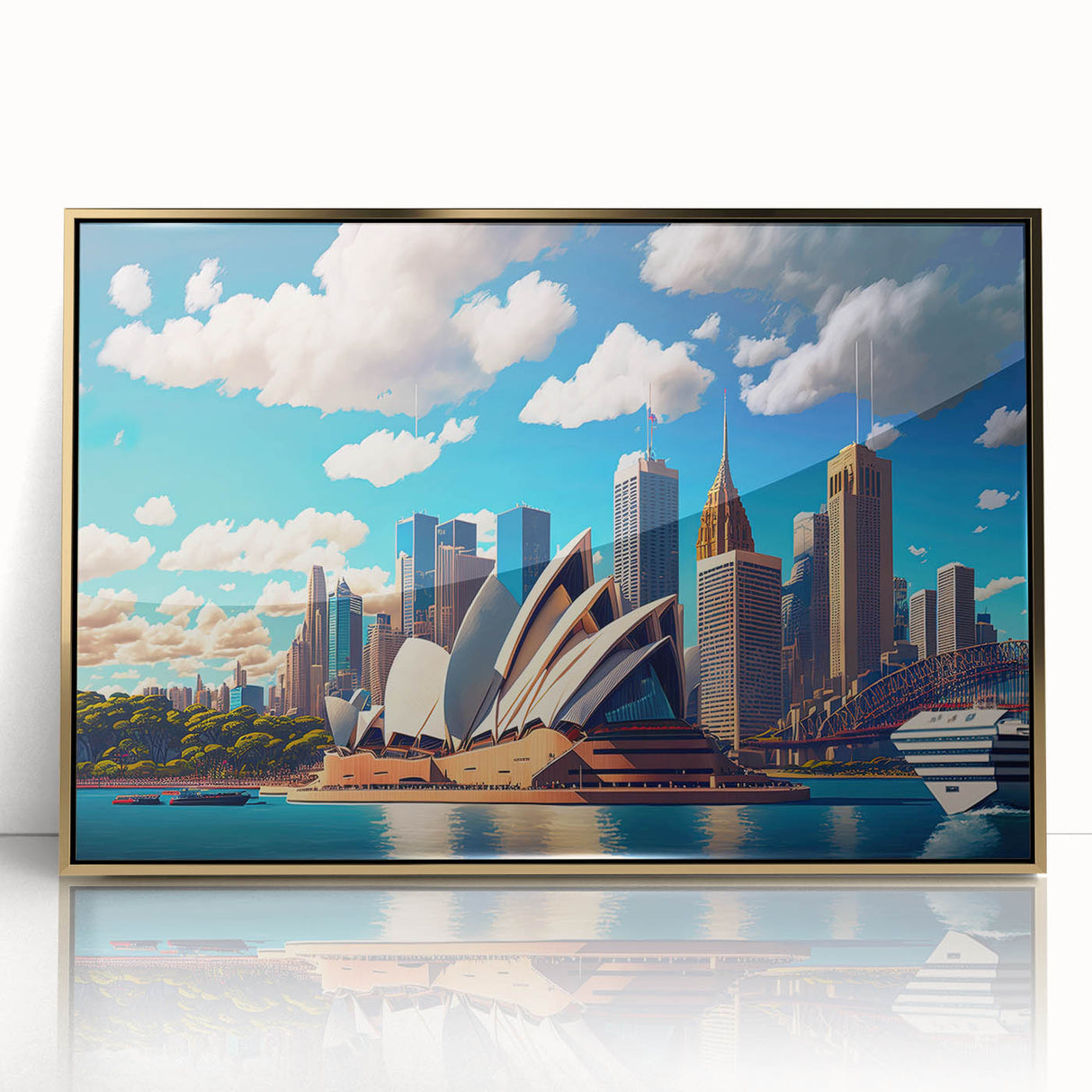 Art deco poster of Sydney skyline in gold and black tones on acrylic, ideal for modern art wall decor.