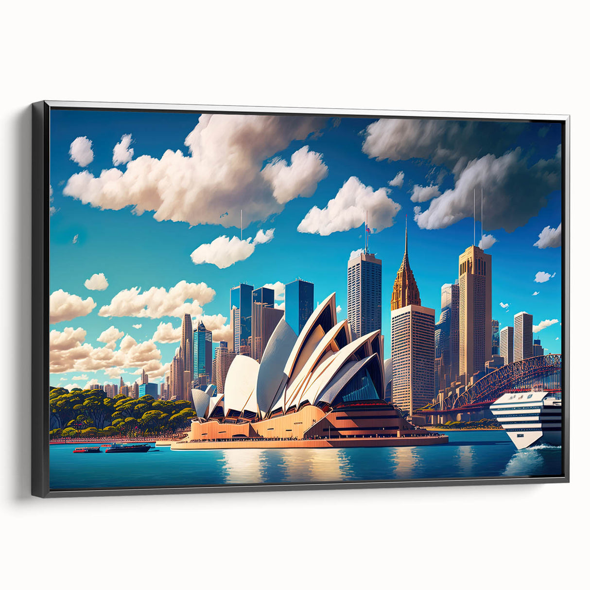 Black and white framed canvas of Sydney landscape, ideal for bedroom wall art, featuring vintage poster style.