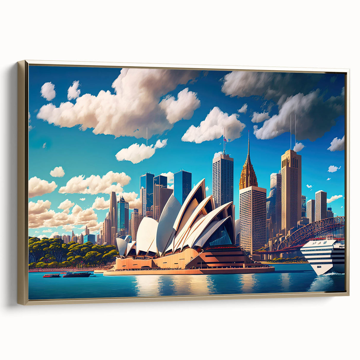 Vintage poster art of Sydney skyline in colorful hues on a large framed canvas, ideal for living room decor.