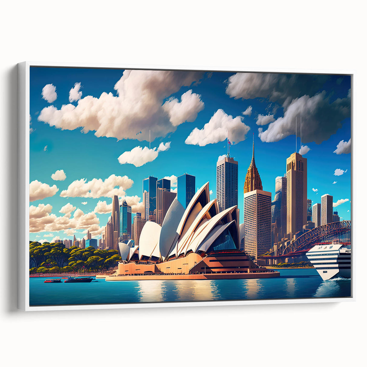 Framed canvas landscape art painting featuring the Sydney skyline with colorful art and a vintage poster style.