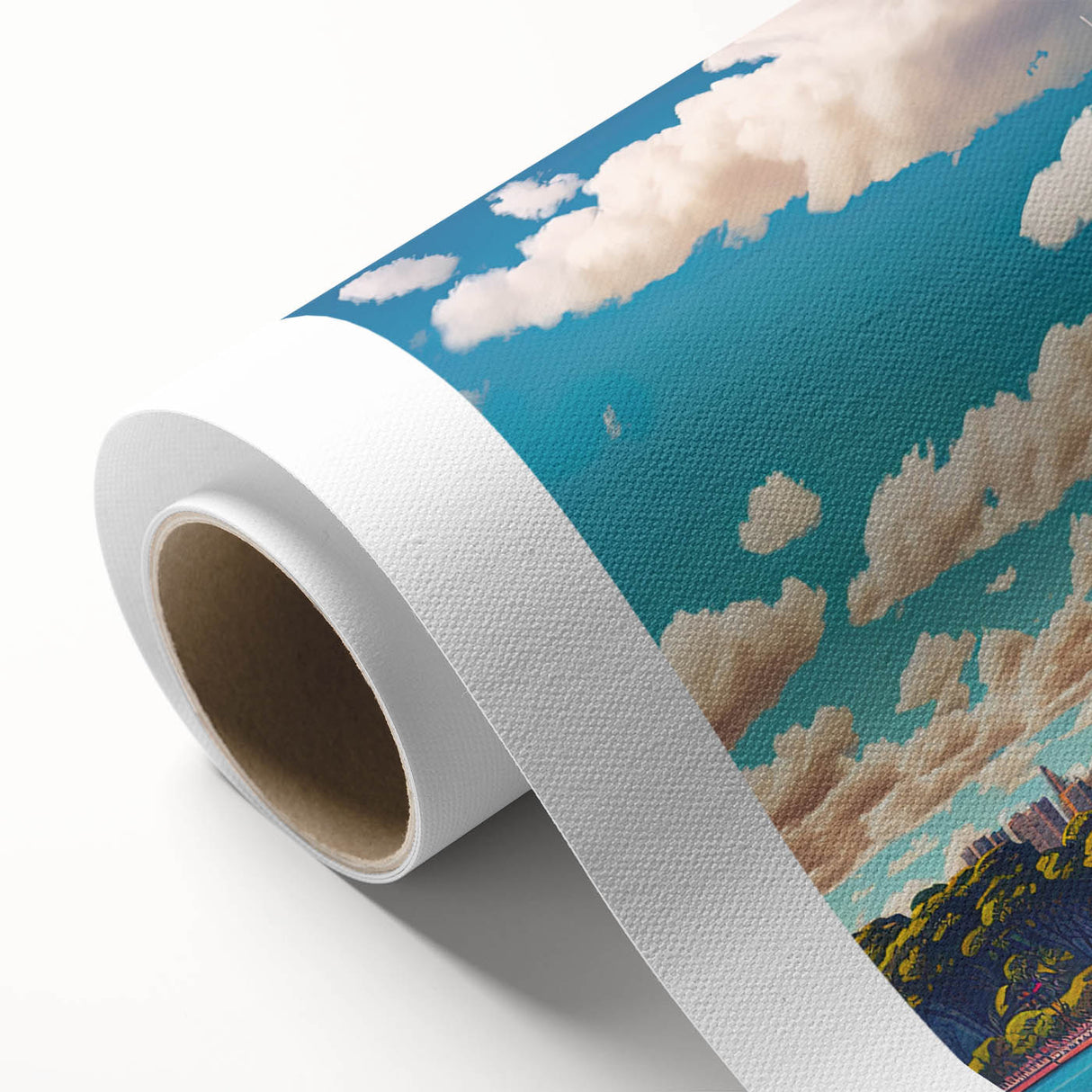 Art Deco-style Sydney skyline on rolled canvas with muted blue and pink tones, ideal for nursery wall art.