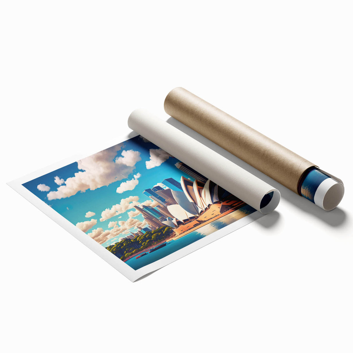 Extra large rolled print of Sydney scenery with muted floral elements, ideal for classy bathroom wall art.
