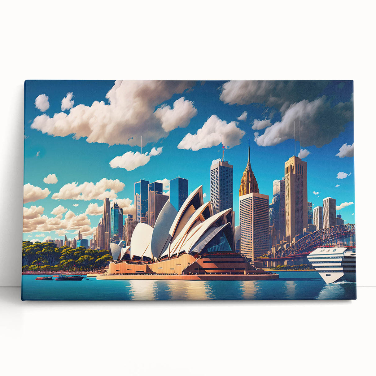 Black and white stretched canvas of Sydney skyline, ideal for kitchen wall art or bedroom ambiance.