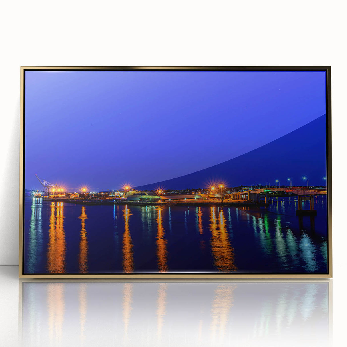 Large art print of New Brunswick scenery in mid-century modernist style, framed in acrylic with gold.