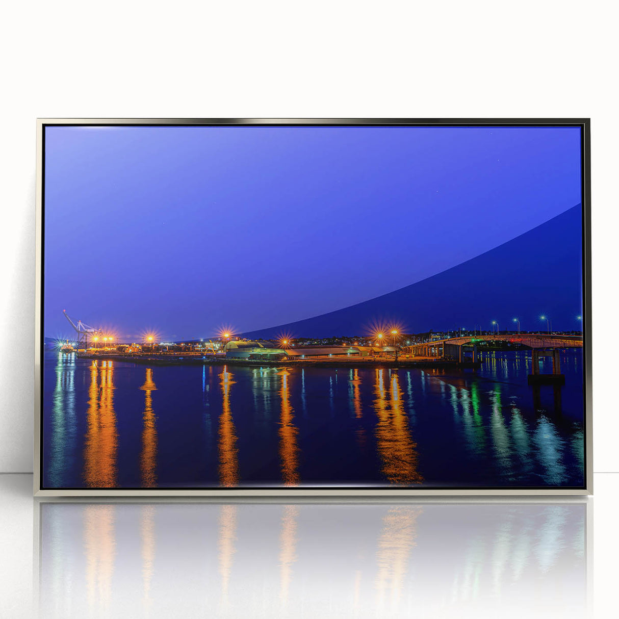 Mid-century modernist art depicting New Brunswick scenery in muted earth tones on a silver-framed acrylic print.