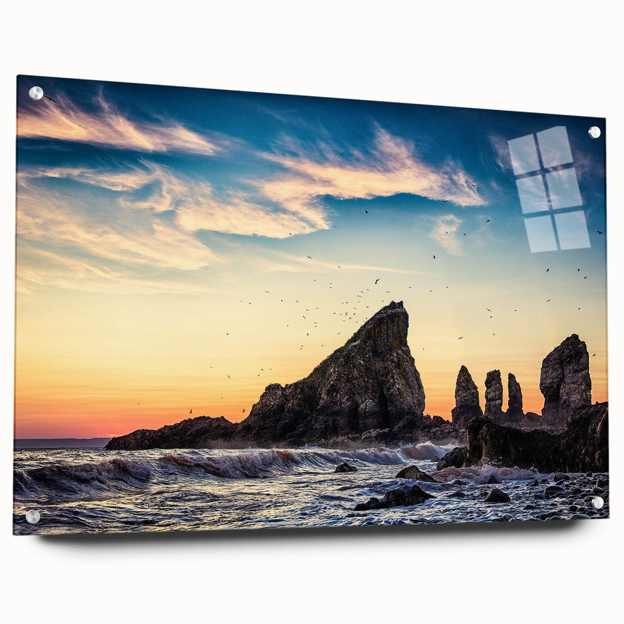 Acrylic print of a Nova Scotia landscape in muted greens and blues, suitable for bedroom or dining room decor.