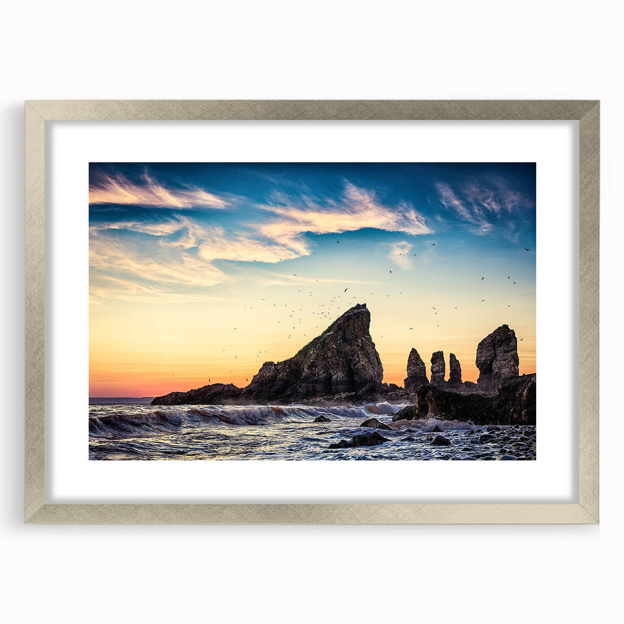 Textured abstract art print of Nova Scotia scenery in muted earth tones, framed with a silver mat.