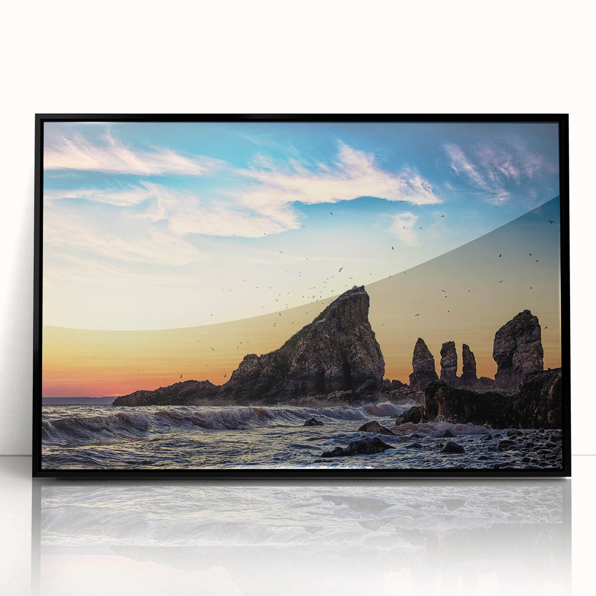 Large abstract wall art depicting a Nova Scotia scenery in muted gray and blue tones, framed in black acrylic.