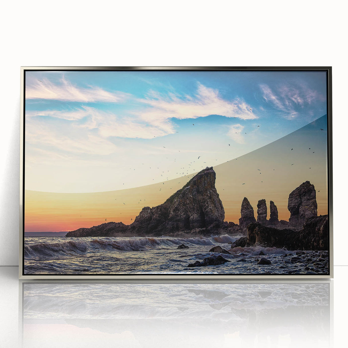 Mid-century modernist art depicting Nova Scotia scenery in muted blue and green tones, framed in silver acrylic.