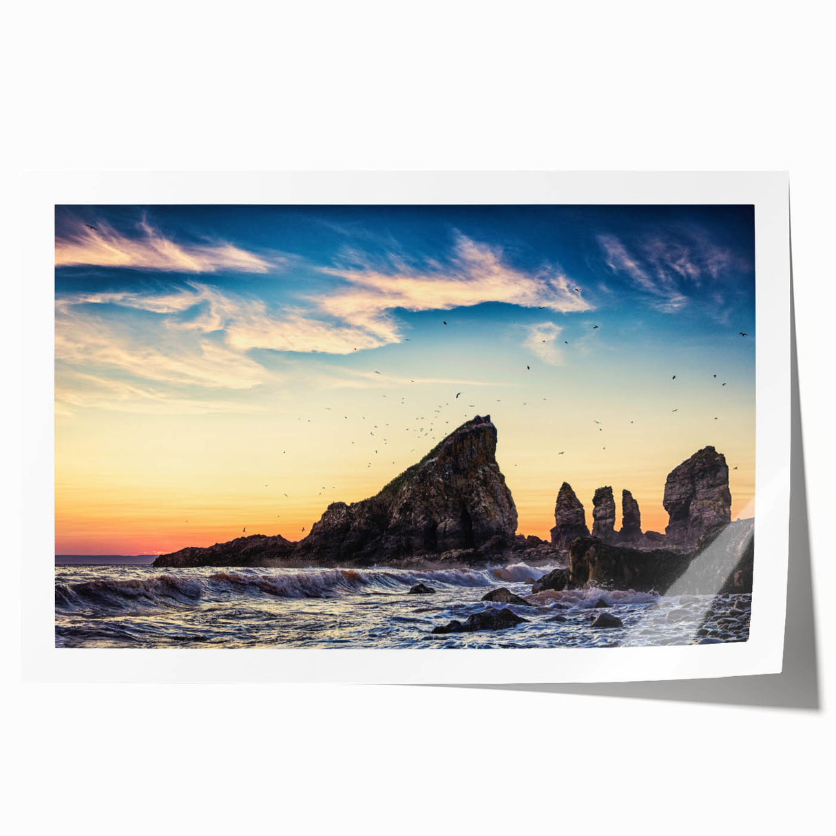 Rolled print of Nova Scotia scenery with soft floral accents in muted greens and blues, ideal for art wall dining room.